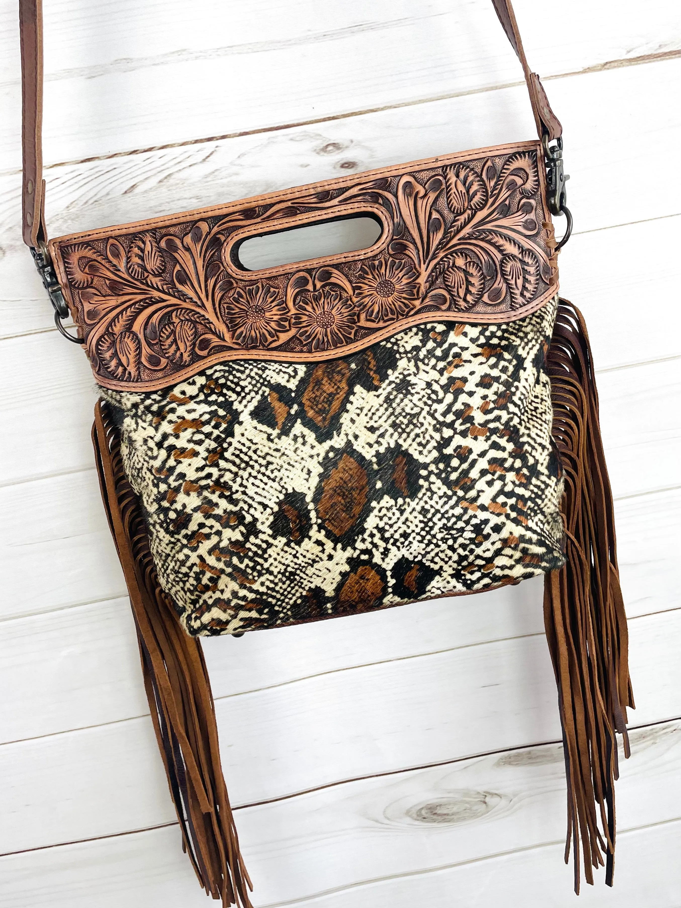 Snake Pattern on Hide Tooled Handle Fringe / Crossbody Handbag