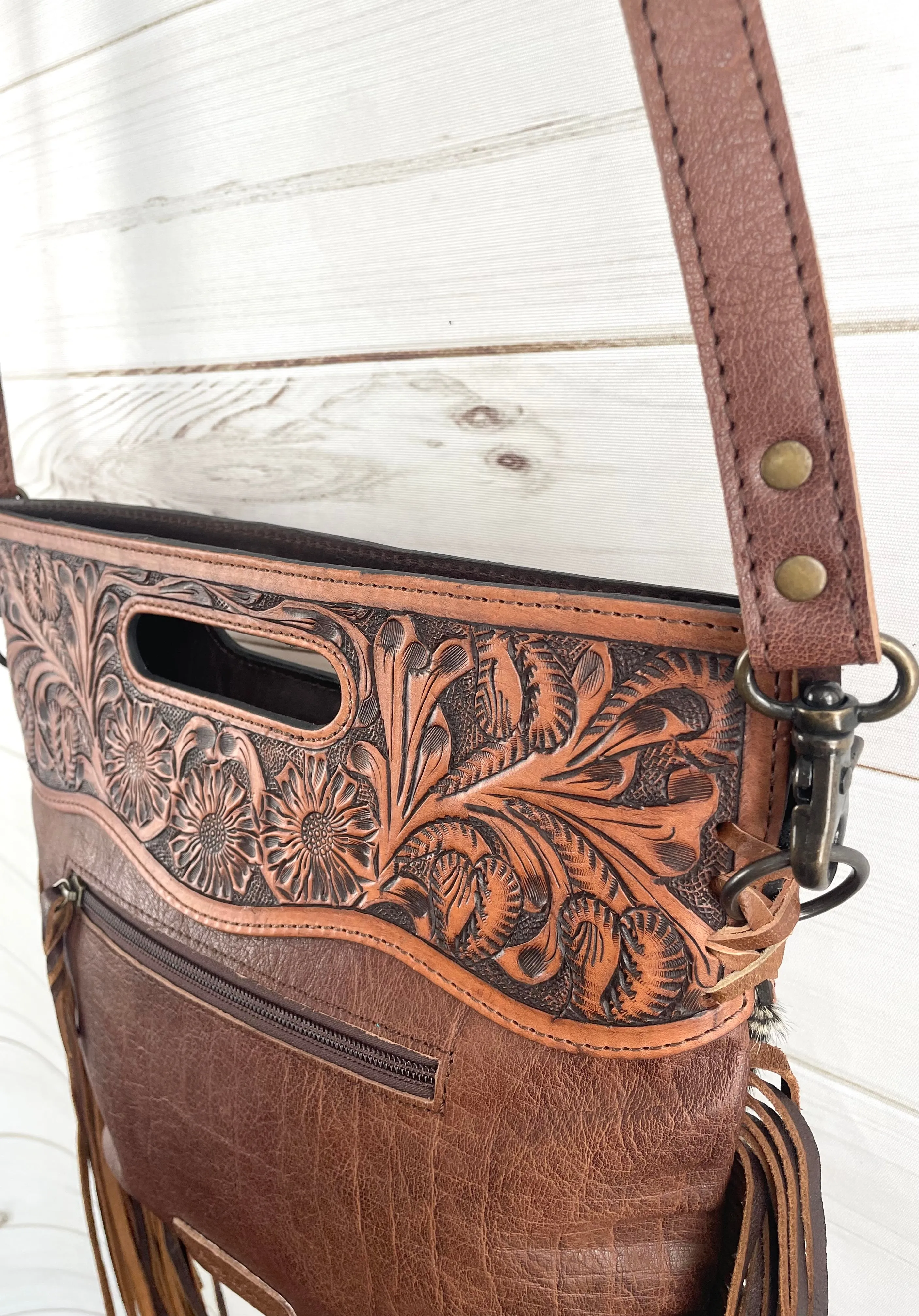 Snake Pattern on Hide Tooled Handle Fringe / Crossbody Handbag