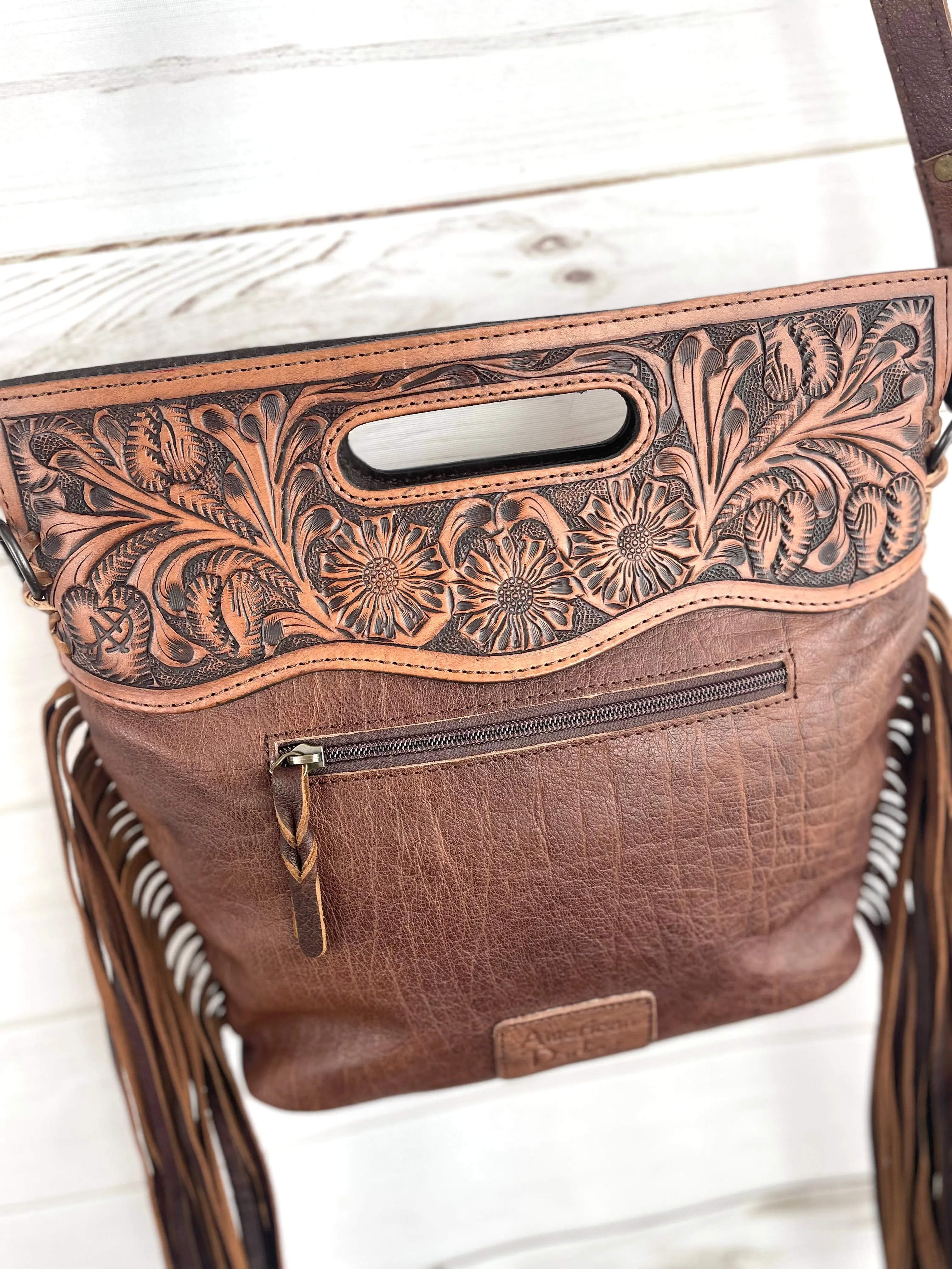 Snake Pattern on Hide Tooled Handle Fringe / Crossbody Handbag