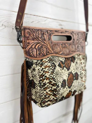 Snake Pattern on Hide Tooled Handle Fringe / Crossbody Handbag