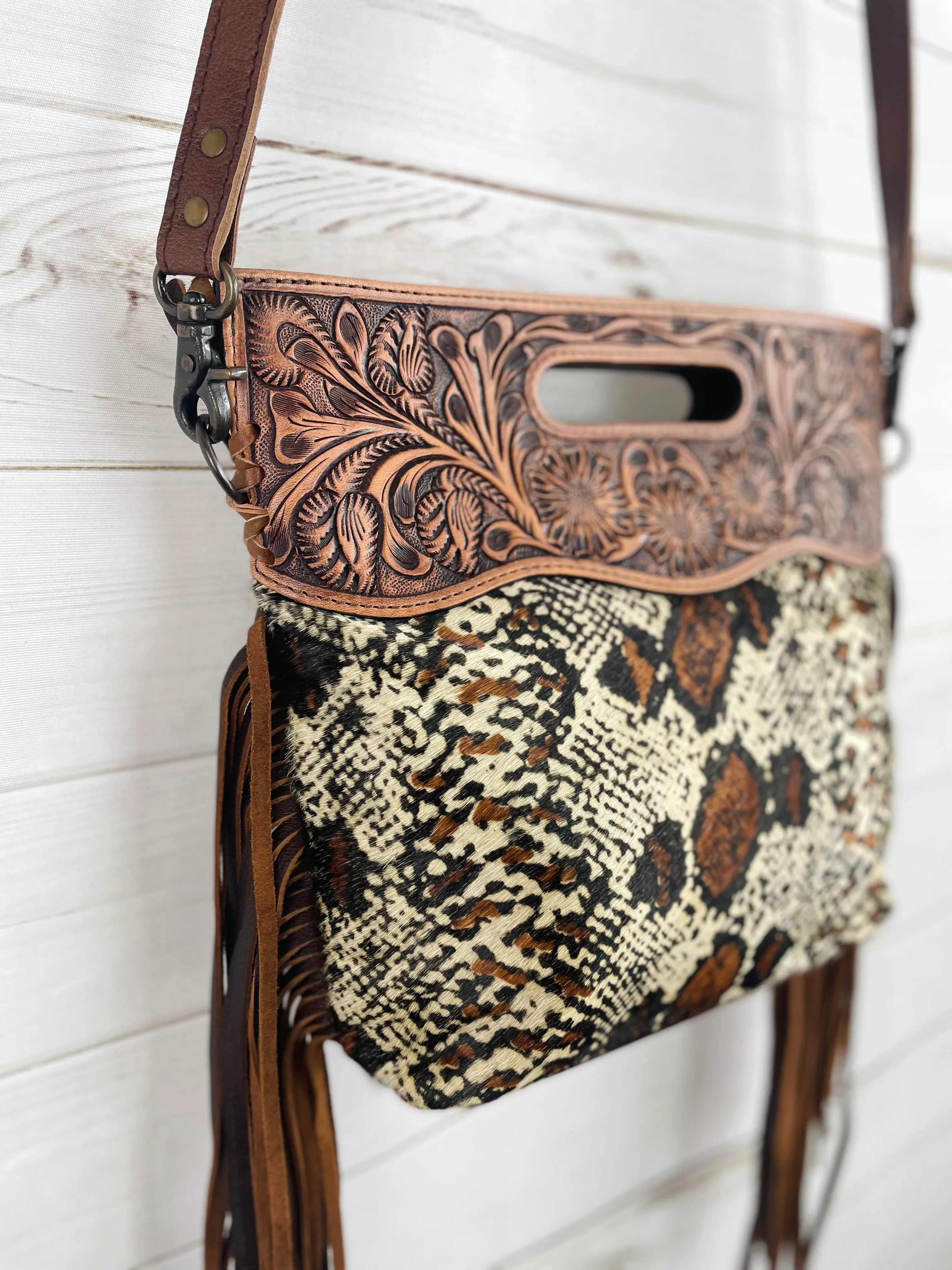 Snake Pattern on Hide Tooled Handle Fringe / Crossbody Handbag