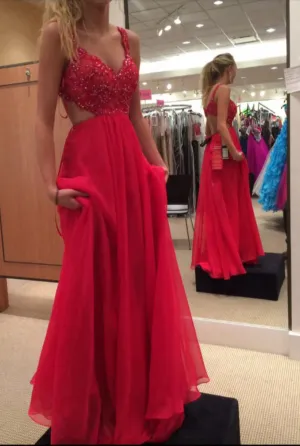 Spaghetti Strap Red Chiffon Evening Dresses,Formal Beading Prom Dress OK871
