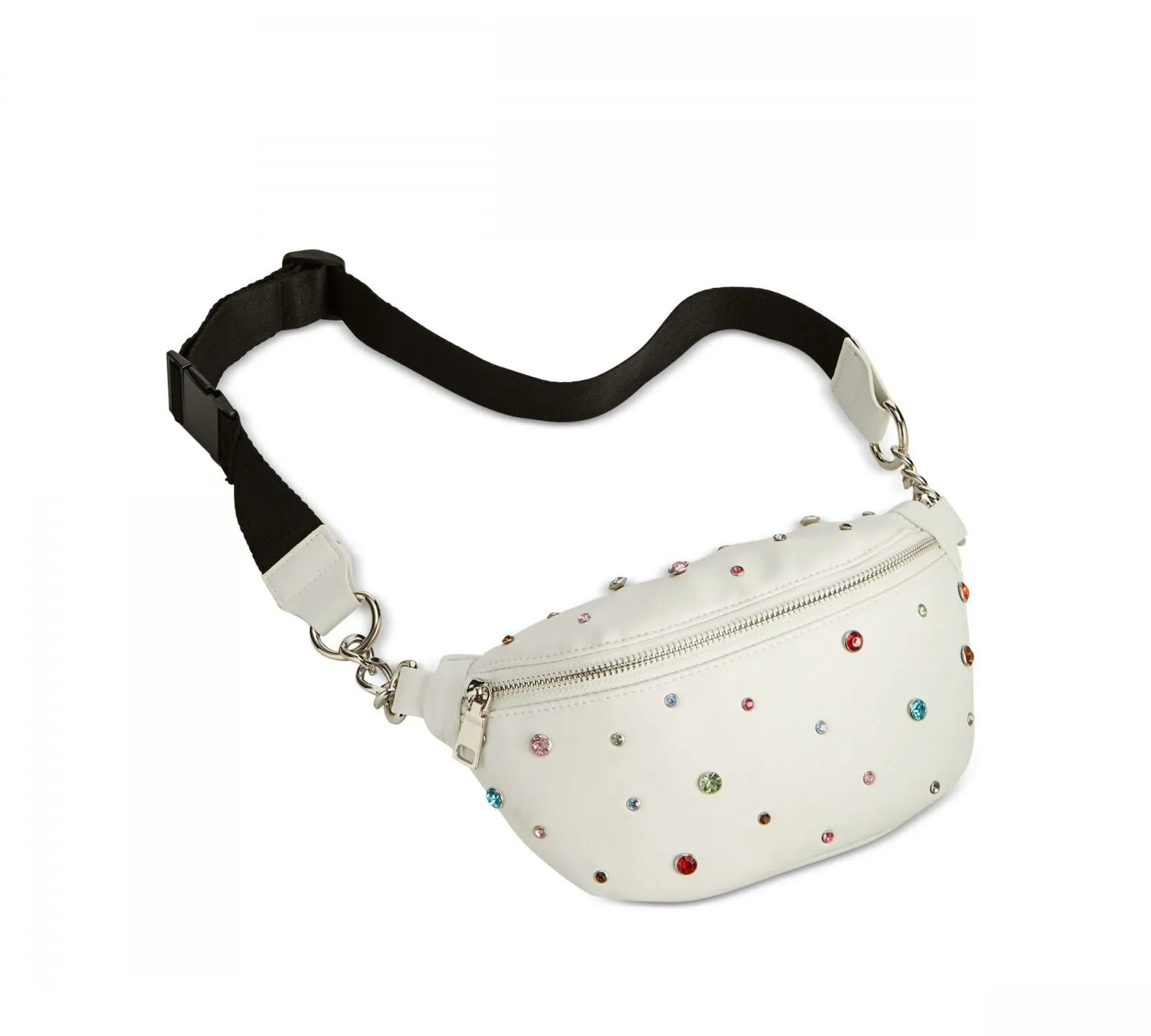 Steve Madden Womens Rhinestone Trim Faux Leather Belt Bag White One Size