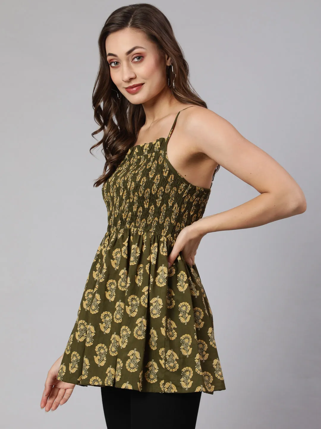 Strappy Ethnic Printed Smocked Top