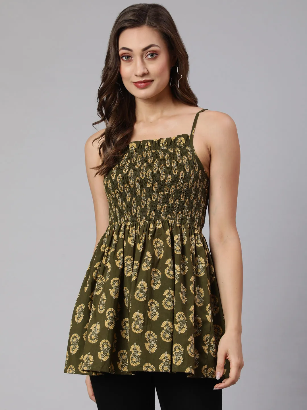 Strappy Ethnic Printed Smocked Top