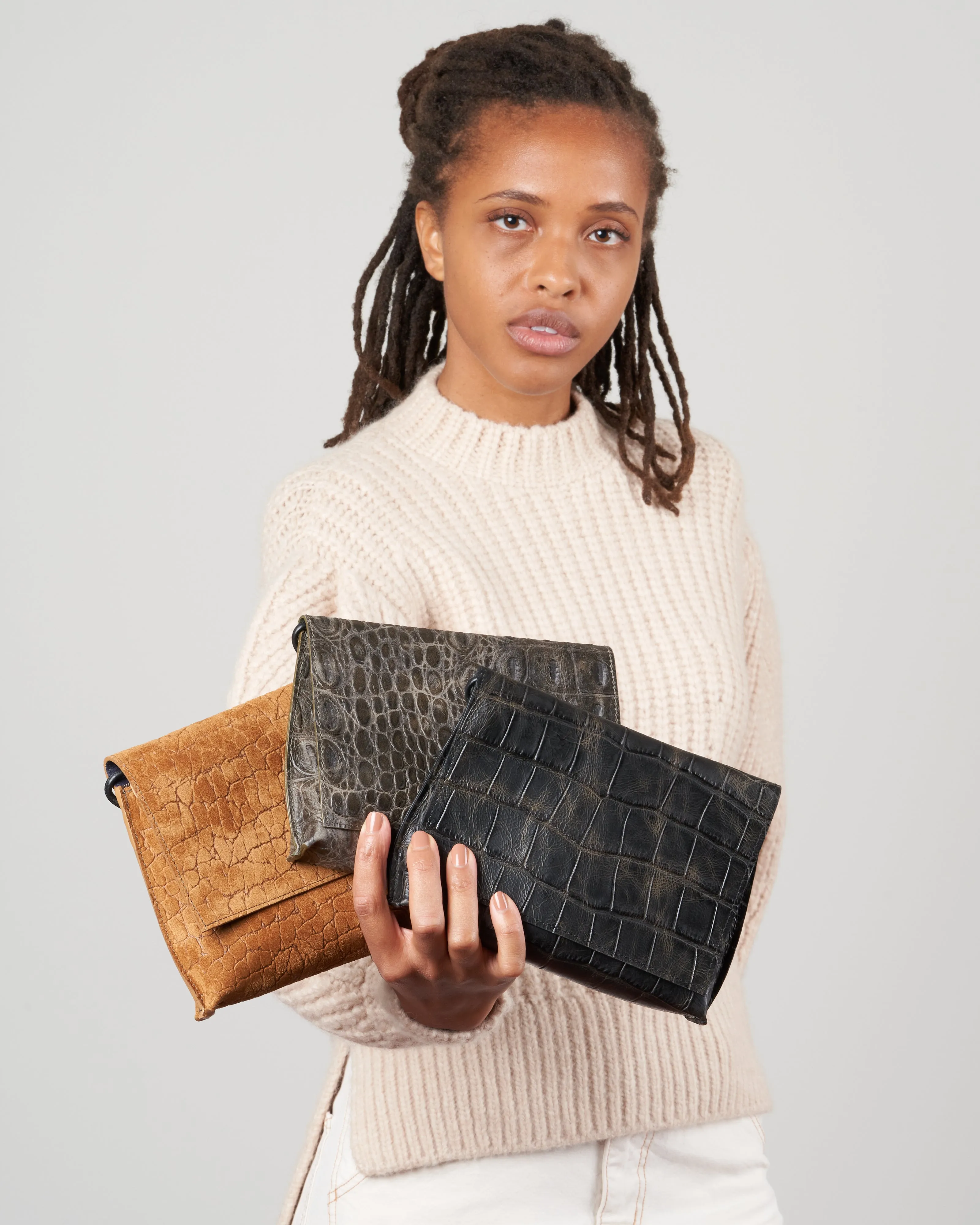 strappy foldover - fossil embossed gator