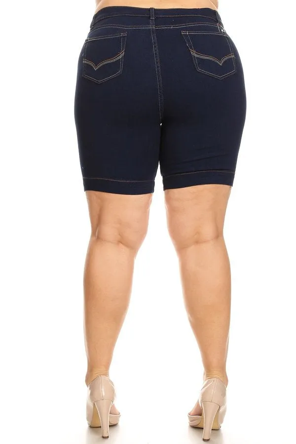 Strolling On By Stretch Denim Bermuda Shorts in Dark Denim - Curvy