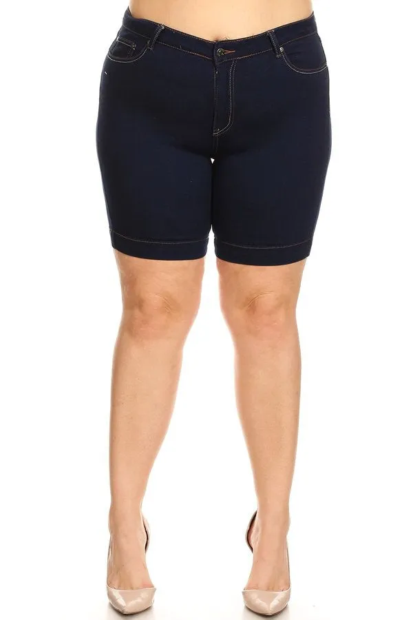 Strolling On By Stretch Denim Bermuda Shorts in Dark Denim - Curvy