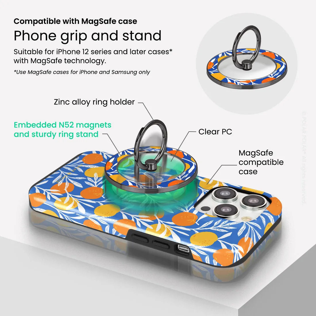 Summer Tangerine - Black MagSafe Phone Grip and Ring Holder Stand
