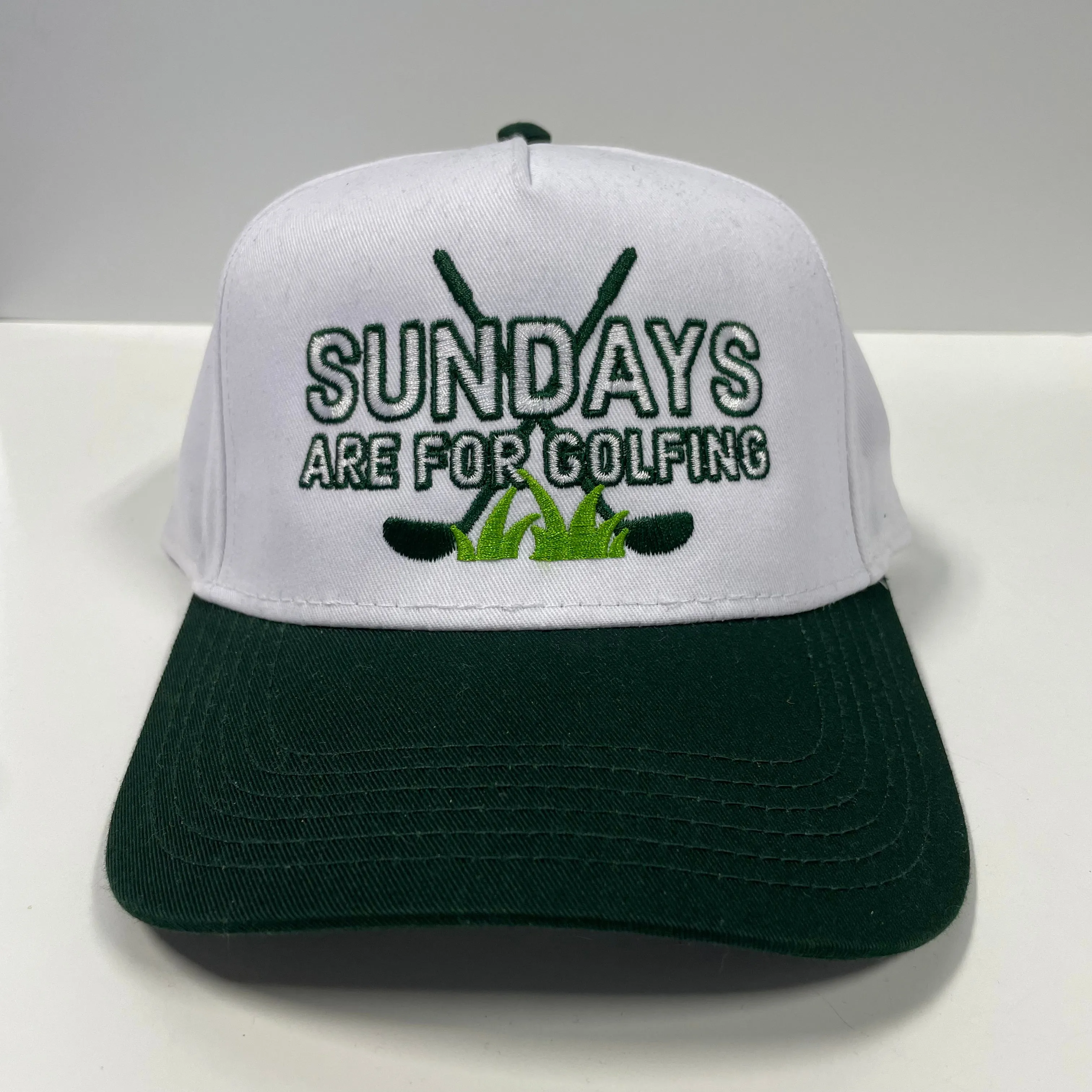 Sunday’s are for Golfing on a White Crown Green Brim SnapBack Hat Cap Custom Embroidery