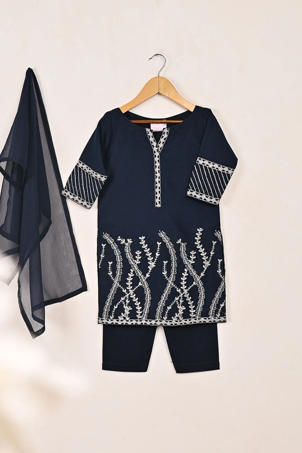 TKF-143-Navy Blue - Kids 3Pc Chiffon Embroidered Formal Dress