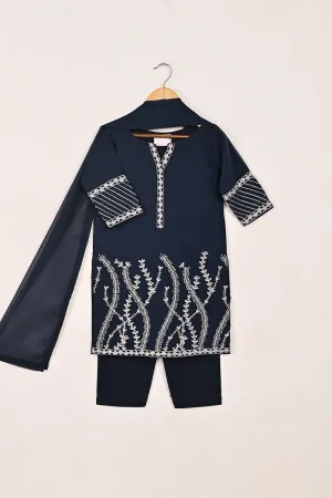 TKF-143-Navy Blue - Kids 3Pc Chiffon Embroidered Formal Dress