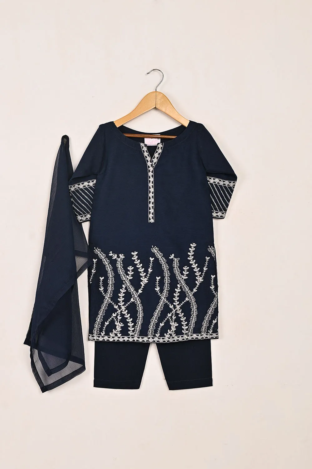 TKF-143-Navy Blue - Kids 3Pc Chiffon Embroidered Formal Dress