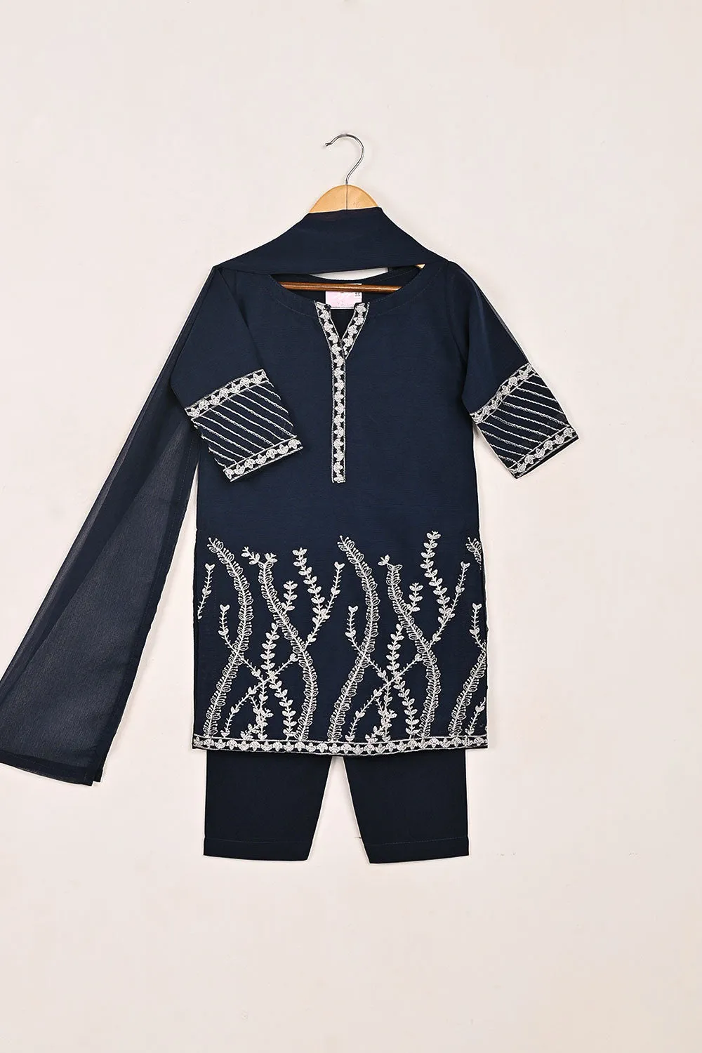 TKF-143-Navy Blue - Kids 3Pc Chiffon Embroidered Formal Dress