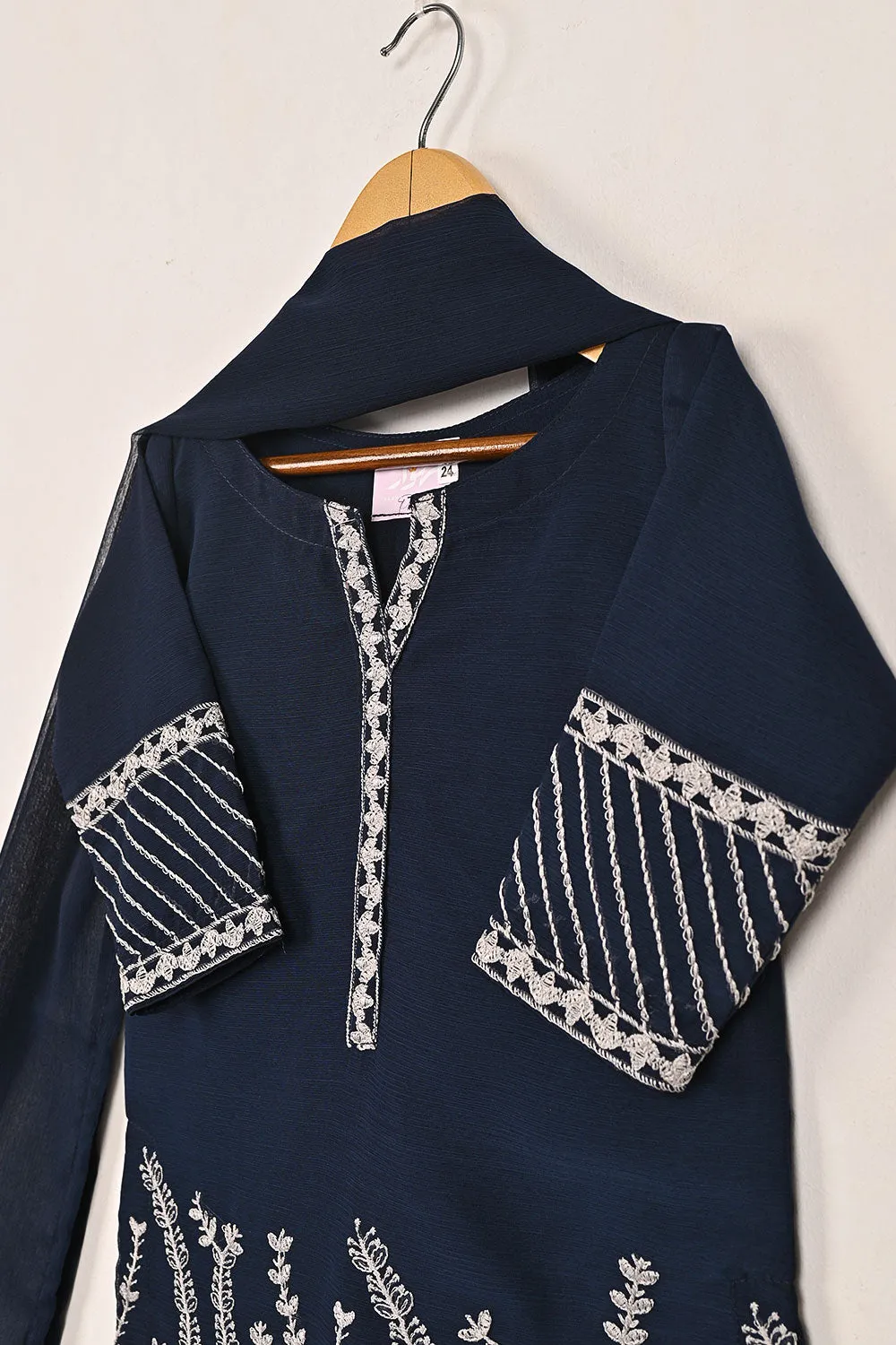 TKF-143-Navy Blue - Kids 3Pc Chiffon Embroidered Formal Dress