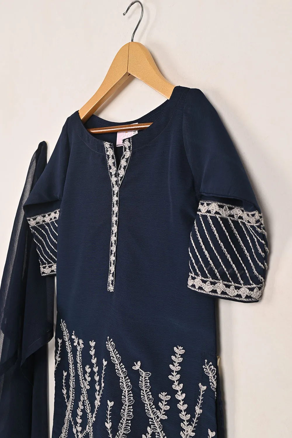 TKF-143-Navy Blue - Kids 3Pc Chiffon Embroidered Formal Dress