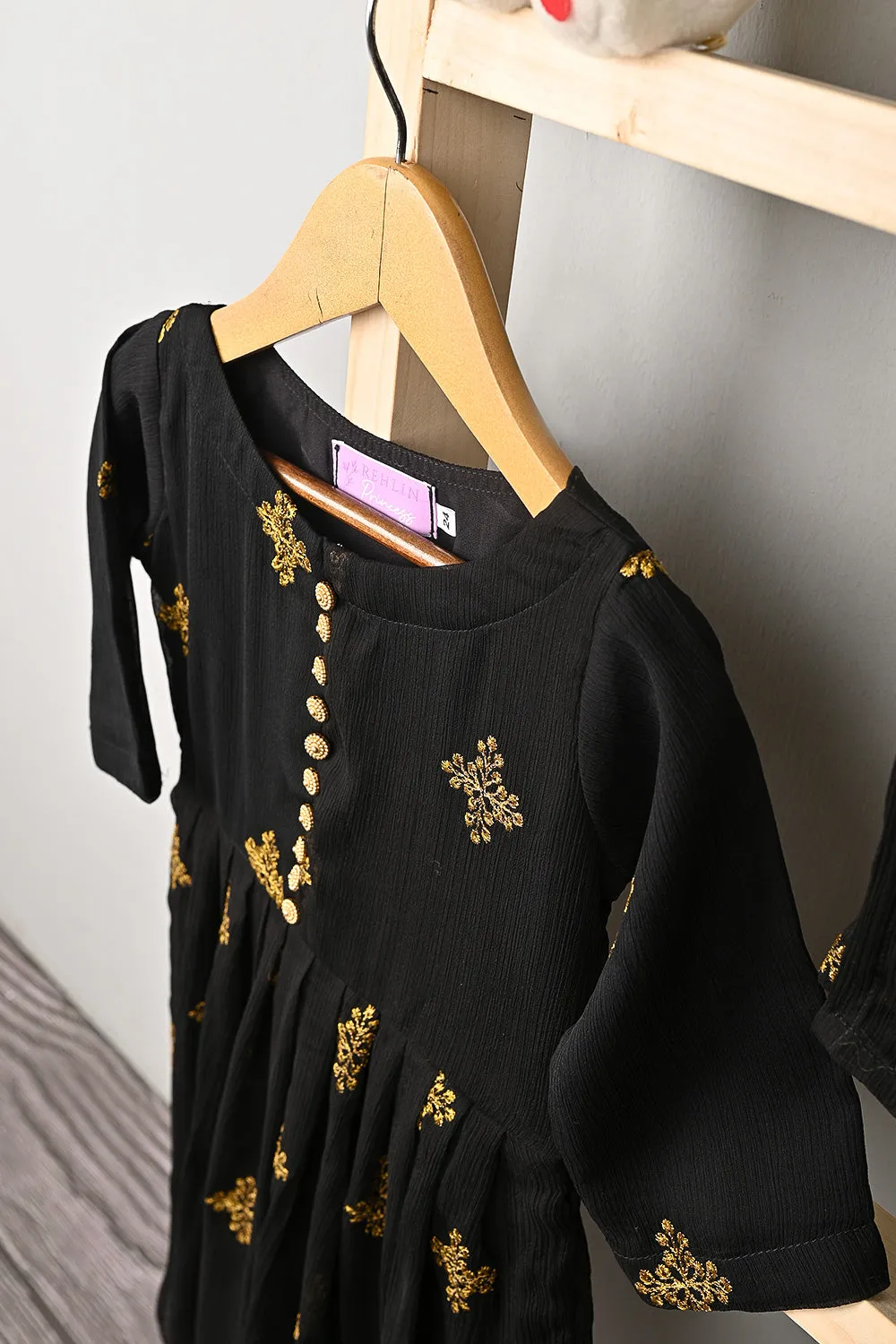 TKF-185-Black - Kids 3Pc Chiffon Embroidered Frock