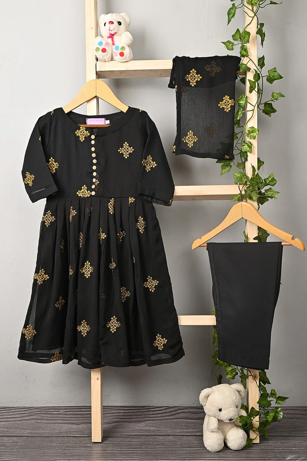 TKF-185-Black - Kids 3Pc Chiffon Embroidered Frock