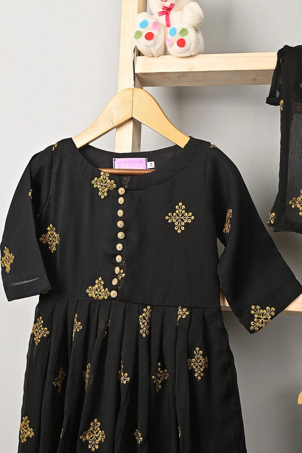 TKF-185-Black - Kids 3Pc Chiffon Embroidered Frock