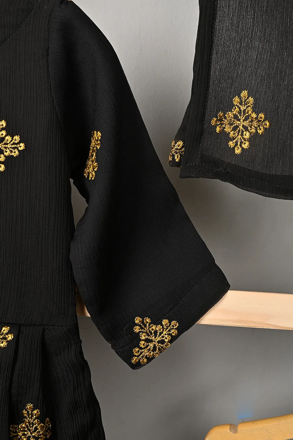 TKF-185-Black - Kids 3Pc Chiffon Embroidered Frock