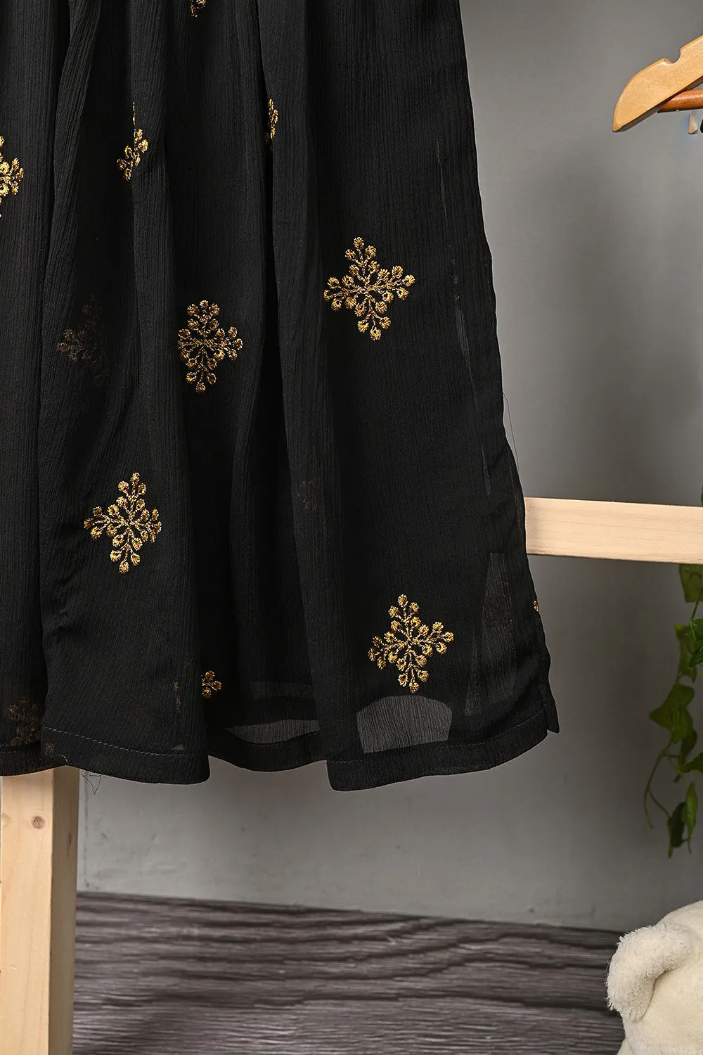 TKF-185-Black - Kids 3Pc Chiffon Embroidered Frock