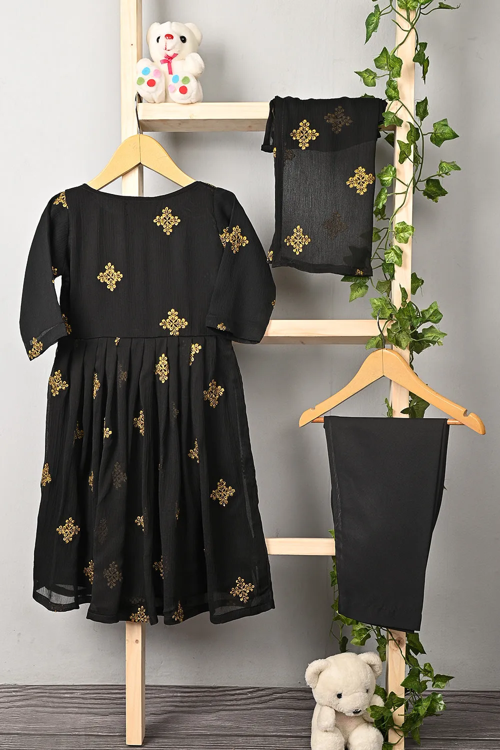 TKF-185-Black - Kids 3Pc Chiffon Embroidered Frock