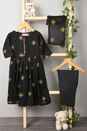 TKF-185-Black - Kids 3Pc Chiffon Embroidered Frock
