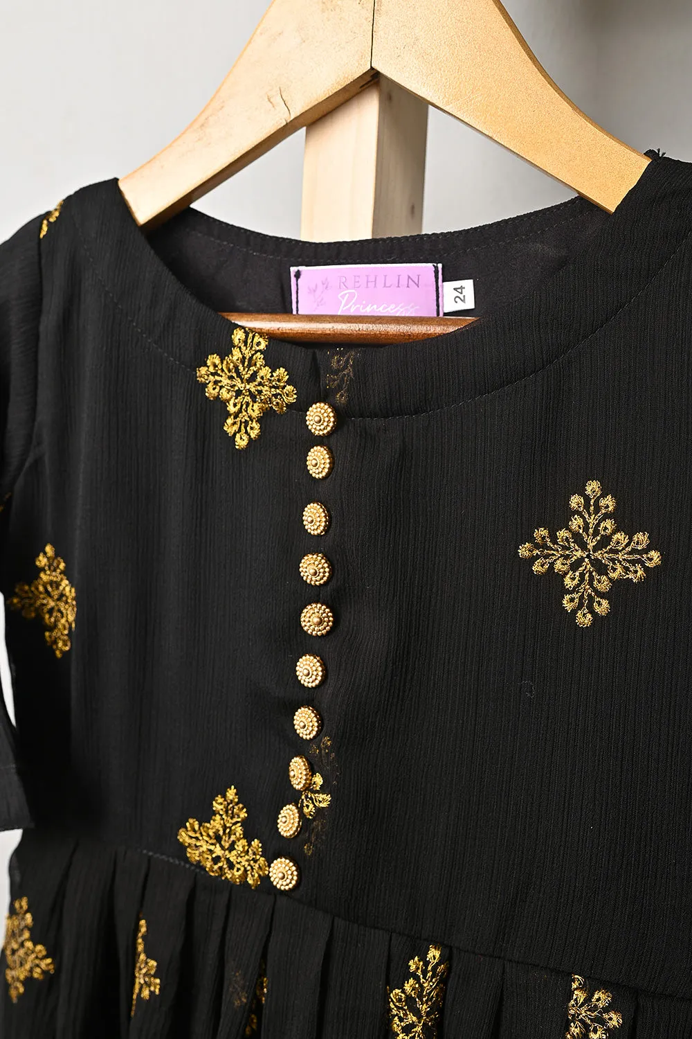 TKF-185-Black - Kids 3Pc Chiffon Embroidered Frock