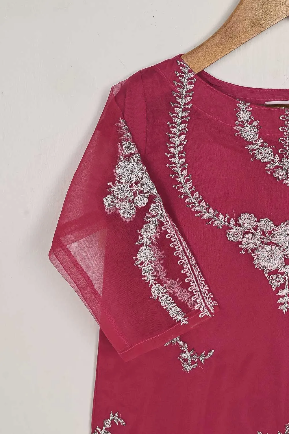 TKF-60-Fuchsia - Kids 3Pc Organza Formal Embroidered Dress With Malai Trouser
