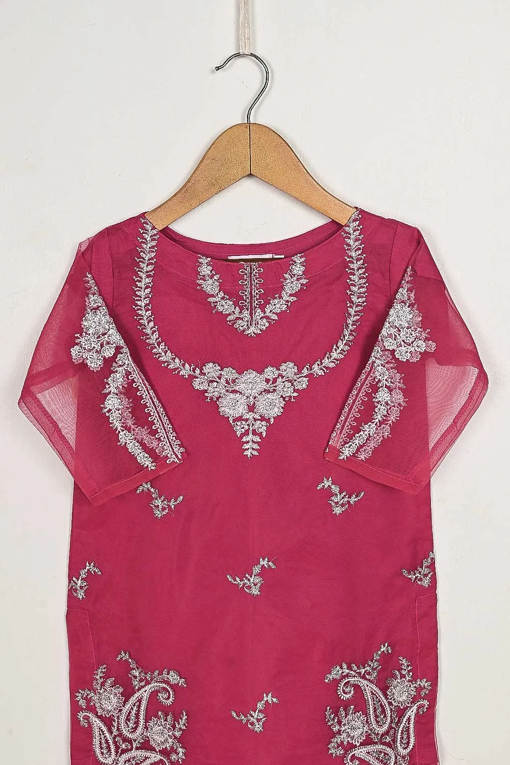 TKF-60-Fuchsia - Kids 3Pc Organza Formal Embroidered Dress With Malai Trouser
