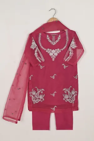 TKF-60-Fuchsia - Kids 3Pc Organza Formal Embroidered Dress With Malai Trouser