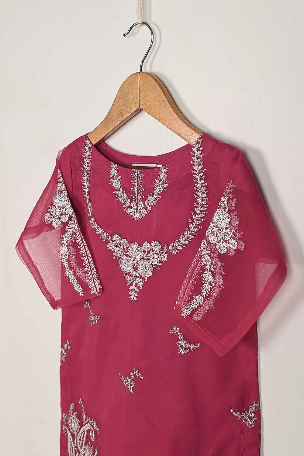 TKF-60-Fuchsia - Kids 3Pc Organza Formal Embroidered Dress With Malai Trouser