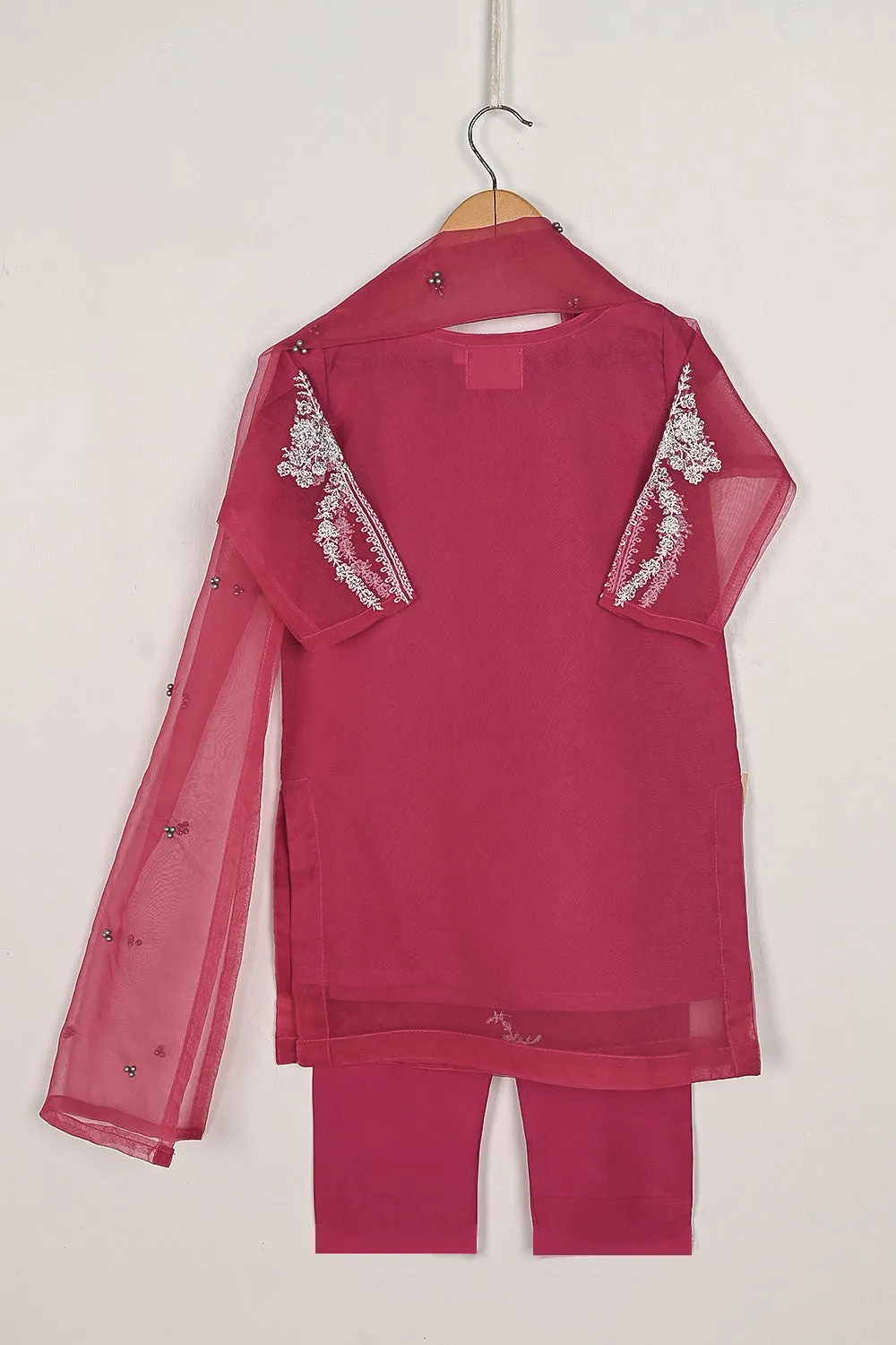 TKF-60-Fuchsia - Kids 3Pc Organza Formal Embroidered Dress With Malai Trouser