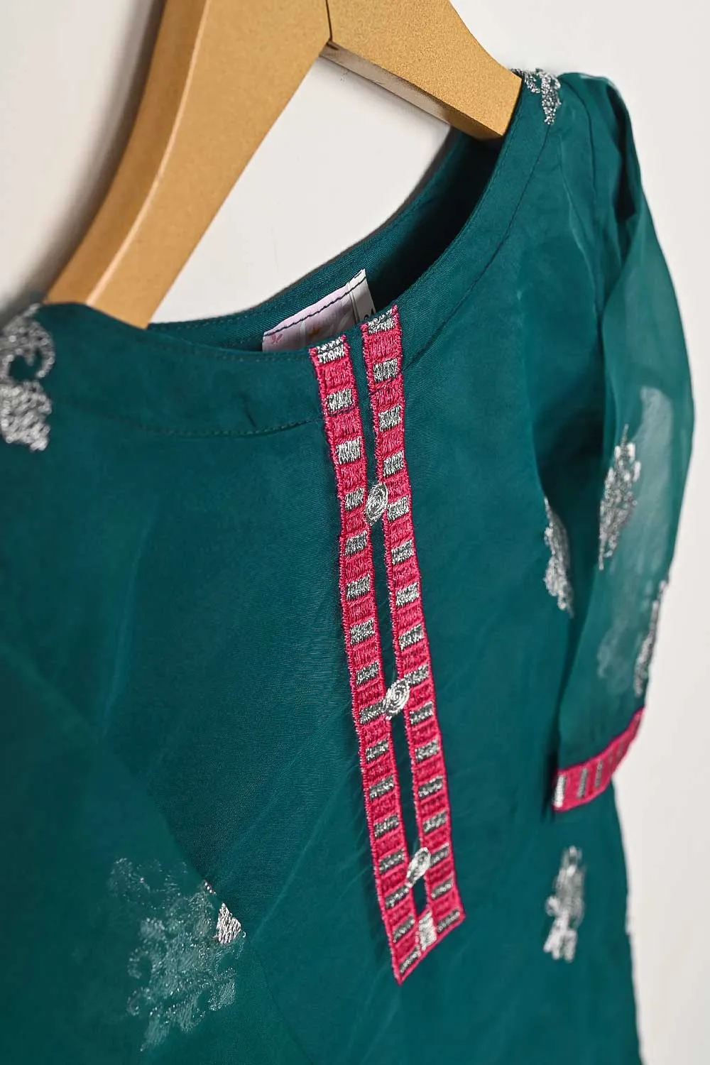 TKF-87-Turquoise - Kids 3Pc Organza Formal Embroidered Dress With Malai Trouser