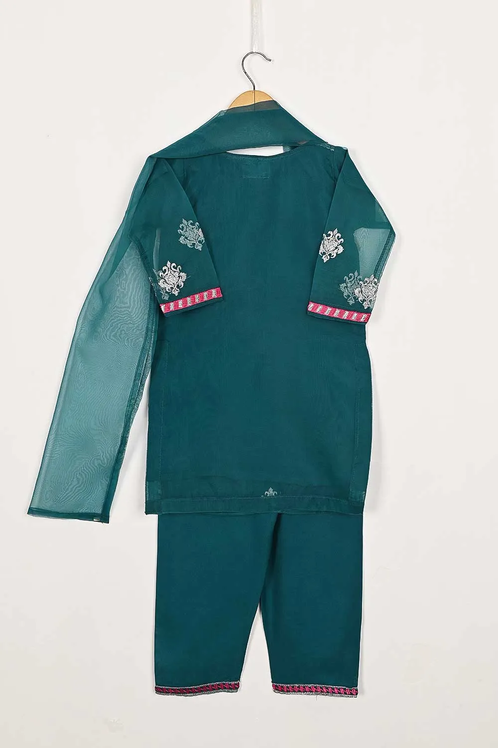 TKF-87-Turquoise - Kids 3Pc Organza Formal Embroidered Dress With Malai Trouser