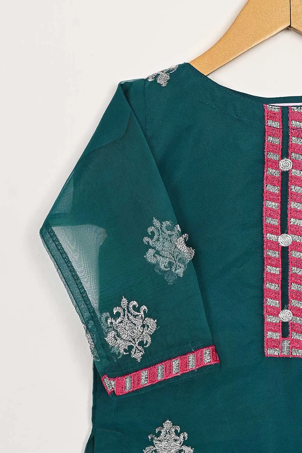 TKF-87-Turquoise - Kids 3Pc Organza Formal Embroidered Dress With Malai Trouser