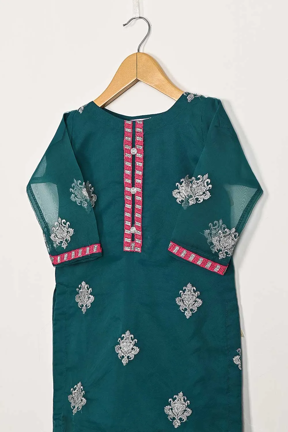 TKF-87-Turquoise - Kids 3Pc Organza Formal Embroidered Dress With Malai Trouser