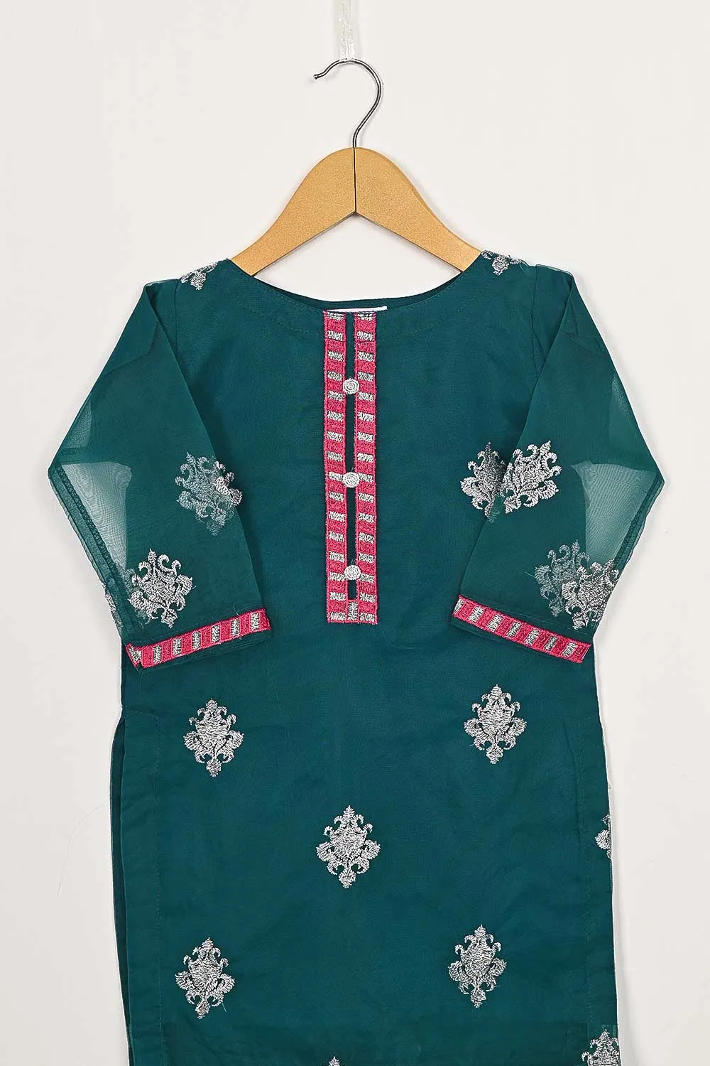TKF-87-Turquoise - Kids 3Pc Organza Formal Embroidered Dress With Malai Trouser