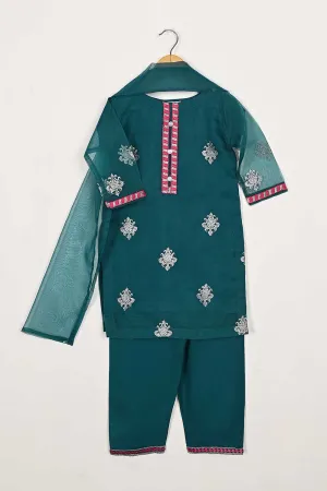 TKF-87-Turquoise - Kids 3Pc Organza Formal Embroidered Dress With Malai Trouser