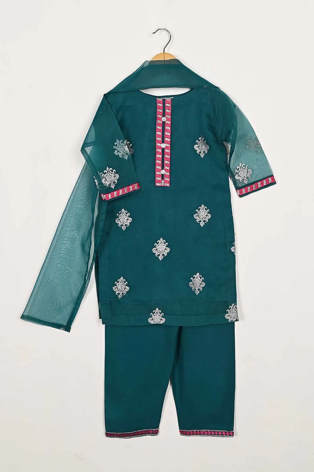 TKF-87-Turquoise - Kids 3Pc Organza Formal Embroidered Dress With Malai Trouser