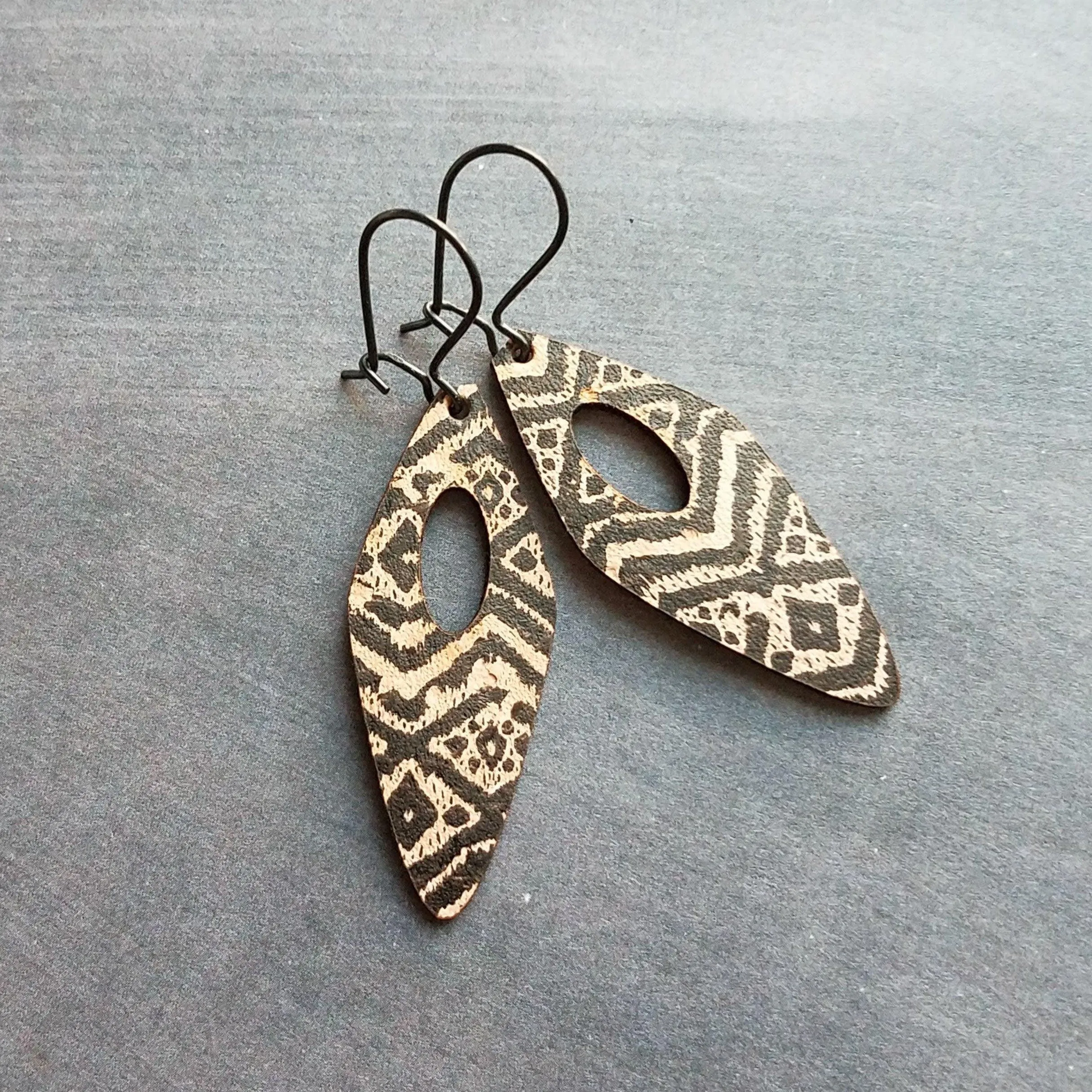 Tribal Earrings, leather earring, genuine leather earring, long leather earring, printed leather earring, black brown leather, geometric