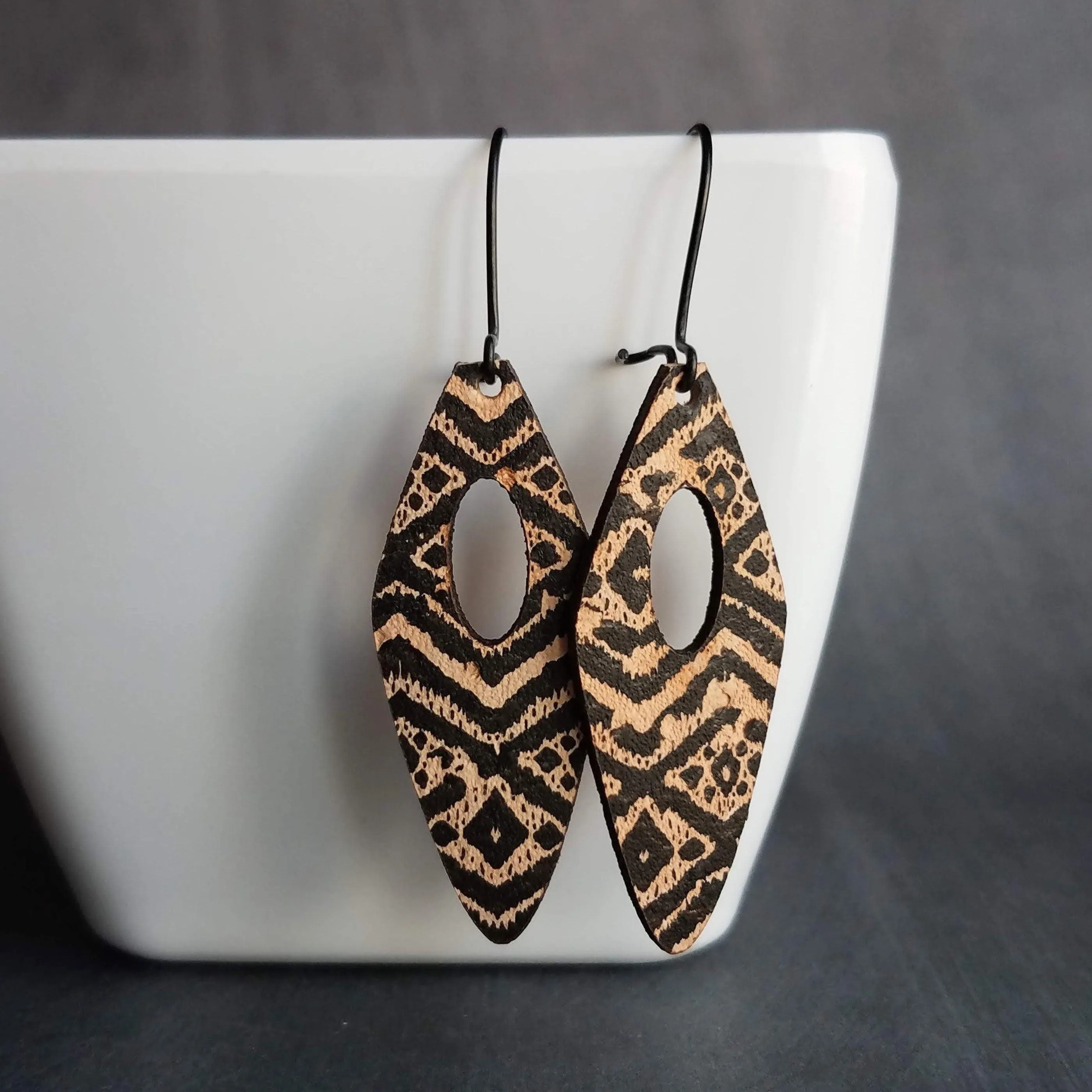 Tribal Earrings, leather earring, genuine leather earring, long leather earring, printed leather earring, black brown leather, geometric