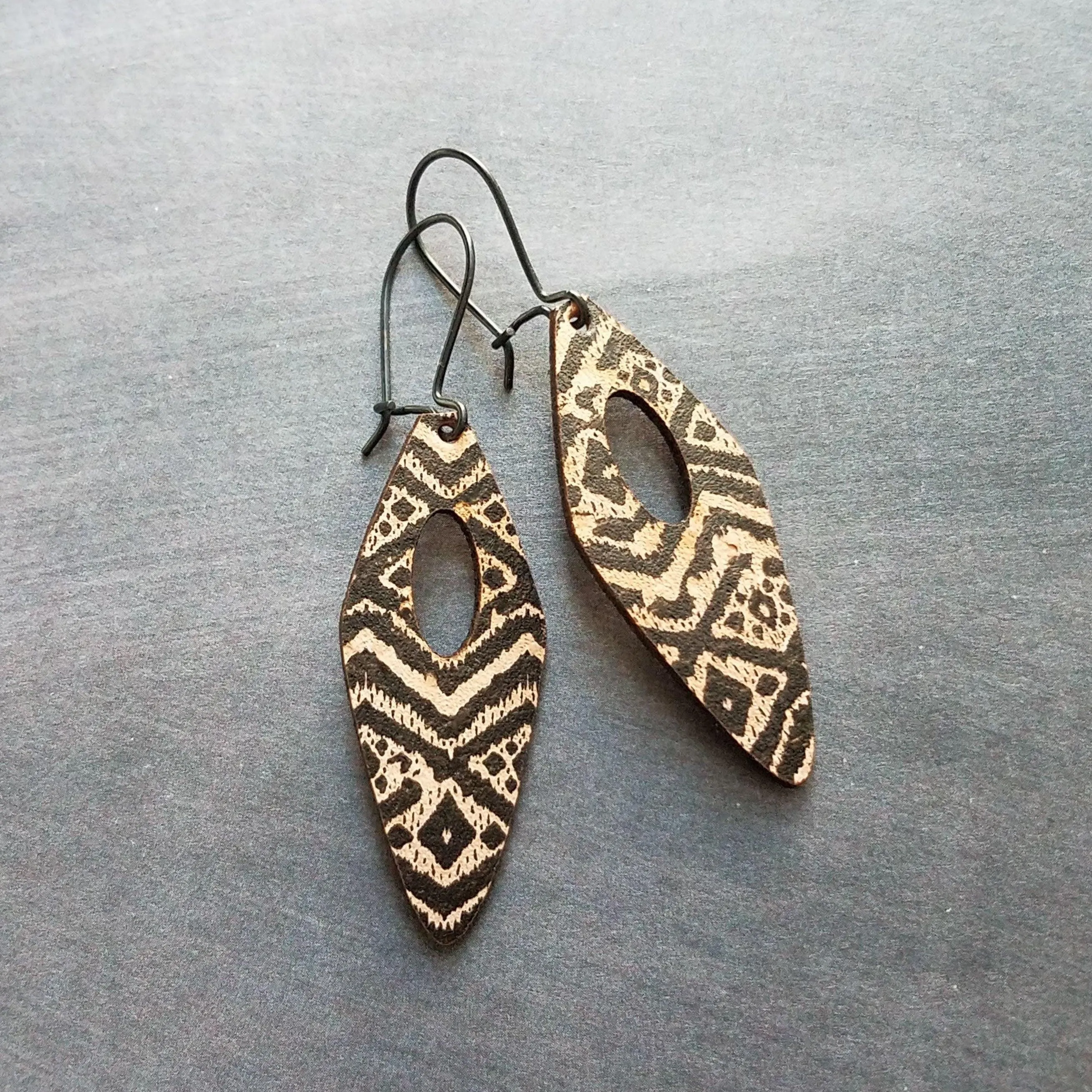 Tribal Earrings, leather earring, genuine leather earring, long leather earring, printed leather earring, black brown leather, geometric