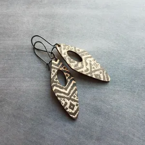 Tribal Earrings, leather earring, genuine leather earring, long leather earring, printed leather earring, black brown leather, geometric