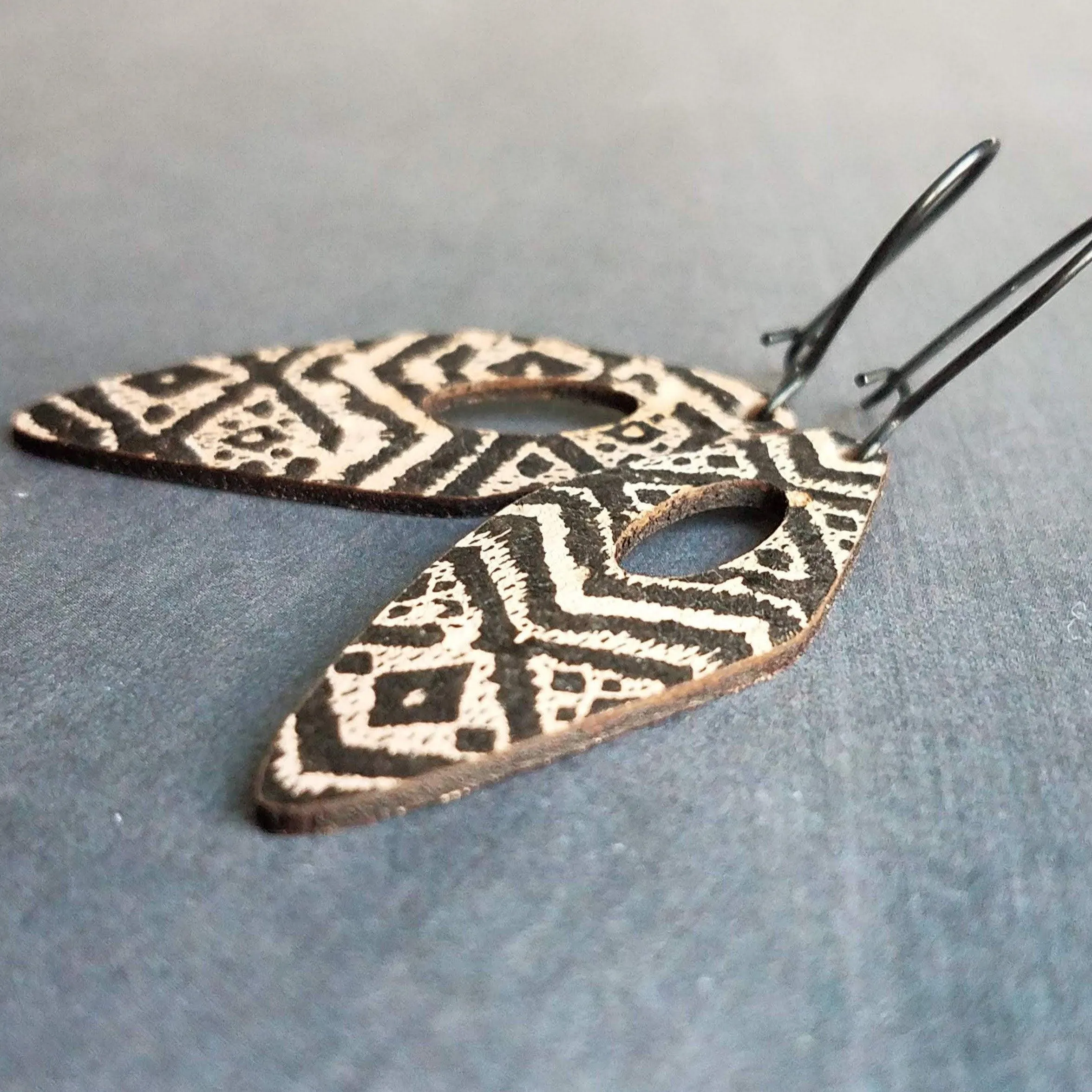 Tribal Earrings, leather earring, genuine leather earring, long leather earring, printed leather earring, black brown leather, geometric
