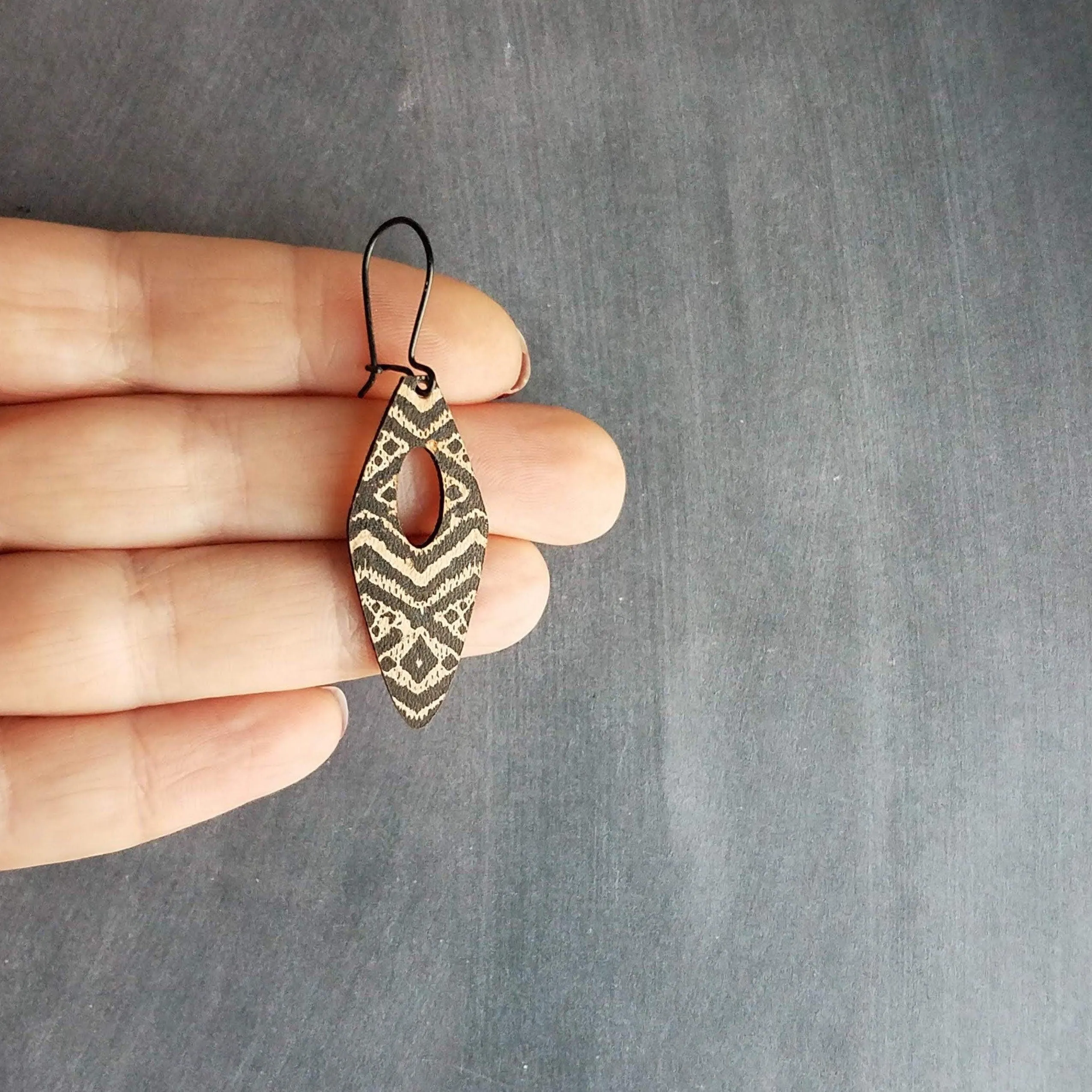 Tribal Earrings, leather earring, genuine leather earring, long leather earring, printed leather earring, black brown leather, geometric