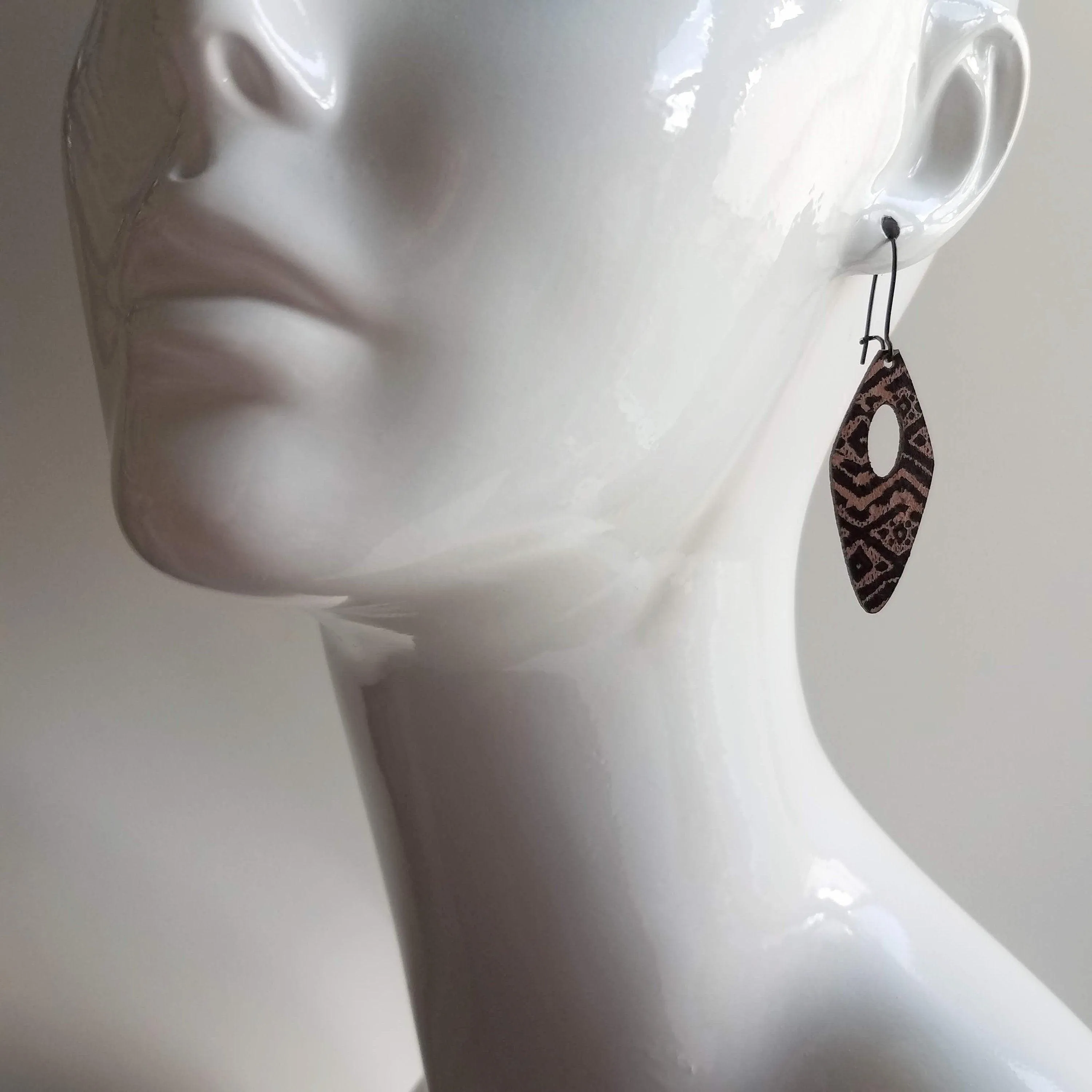 Tribal Earrings, leather earring, genuine leather earring, long leather earring, printed leather earring, black brown leather, geometric