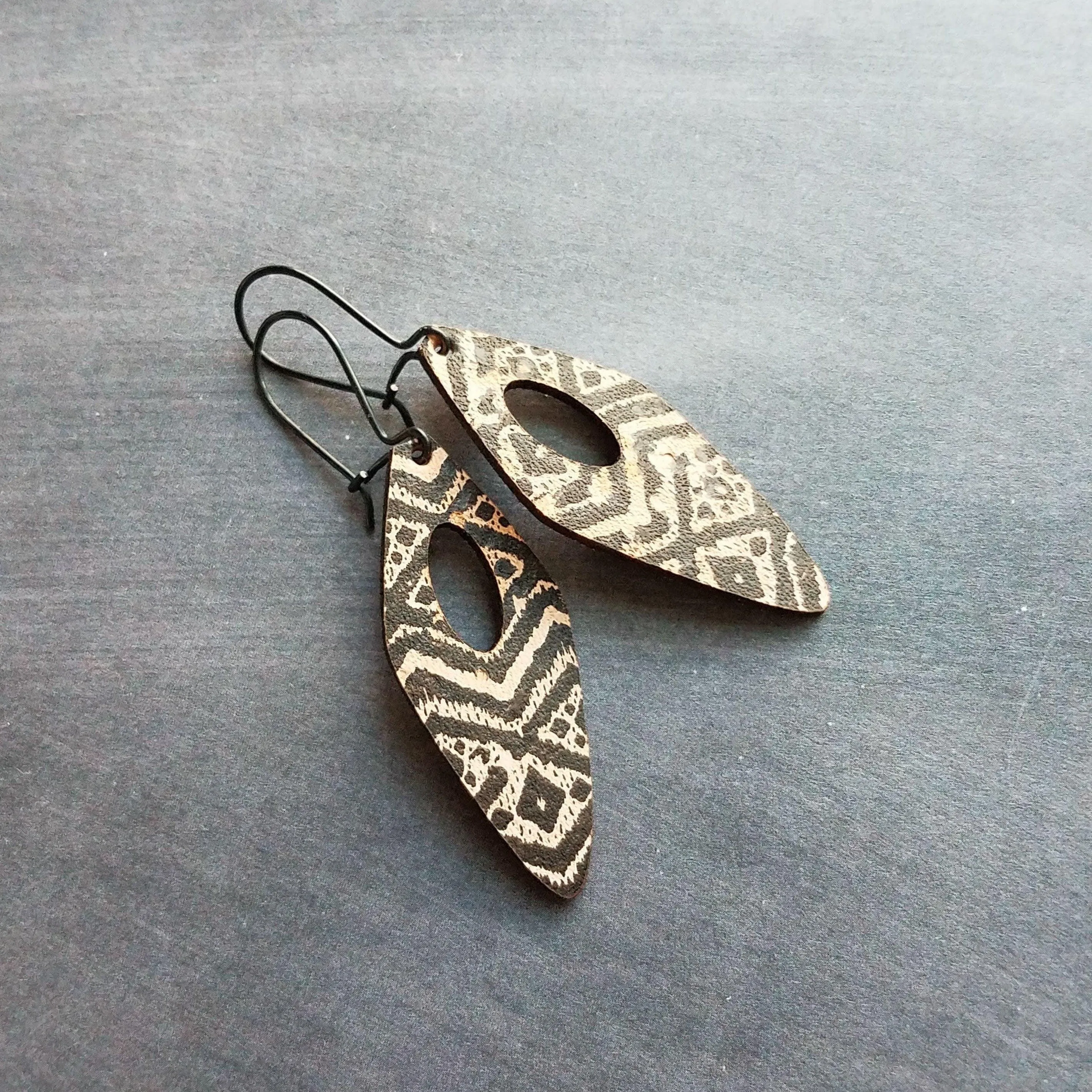 Tribal Earrings, leather earring, genuine leather earring, long leather earring, printed leather earring, black brown leather, geometric