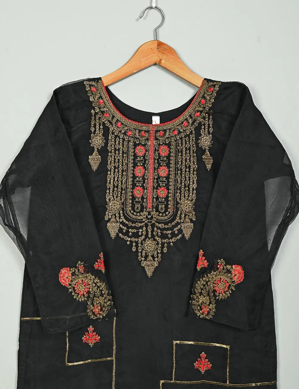 TS-106C-Black - Witching Hour - Organza Embroidered Stitched Kurti