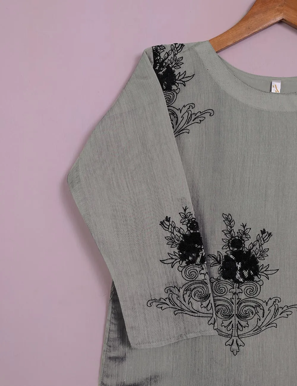 TS-115A-Grey - Paper Cotton Embroidered Stitched Kurti